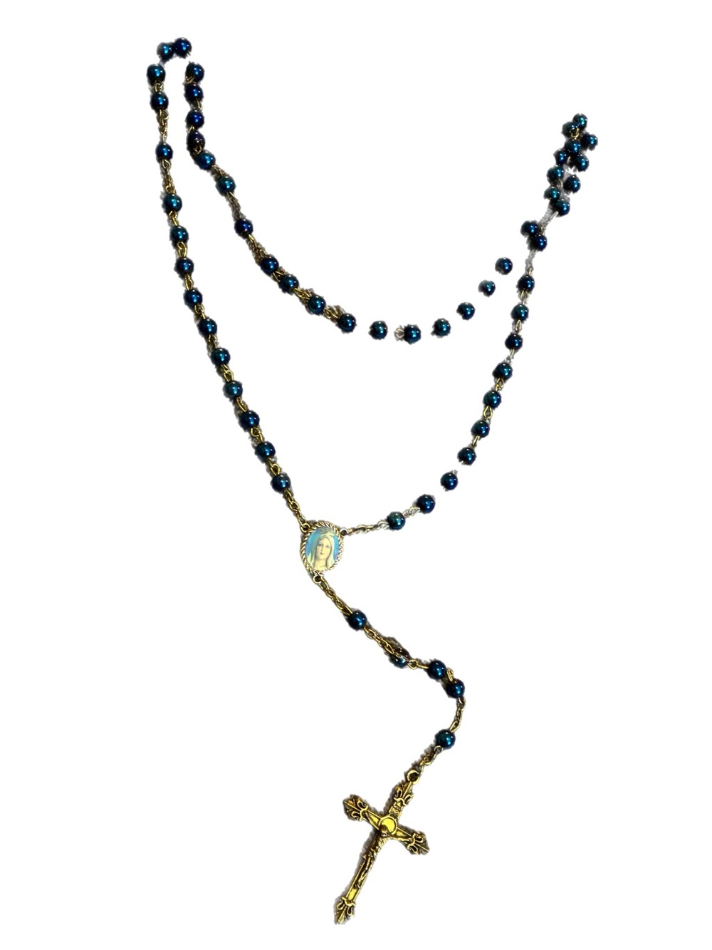 Gold-Tone Blue Bead Rosary Necklace Crucifix Catholic Jewelry Religious Mary 20”